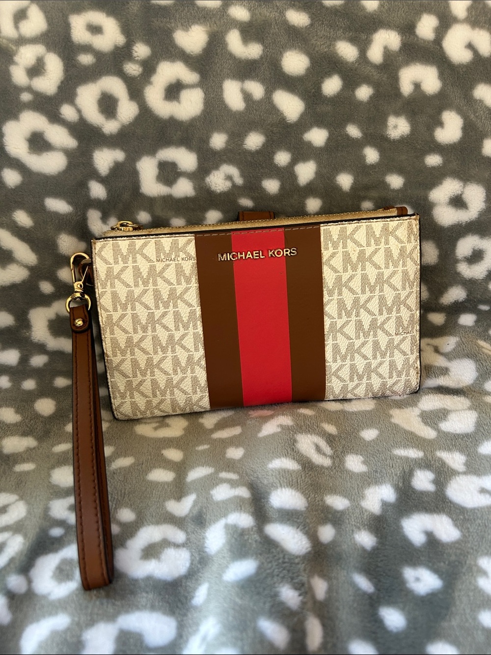 Michael Kors Beige Logo Wristlet with Brown and Red Center Stripe